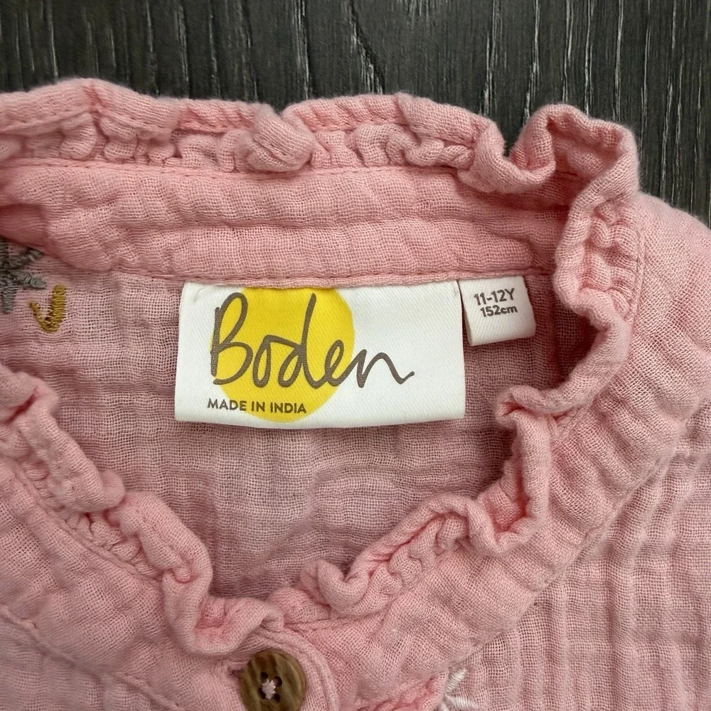 Boden Double Cloth Pink Floral‎ Embroidered Girl Long Sleeve Blouse 11-12Y Boho